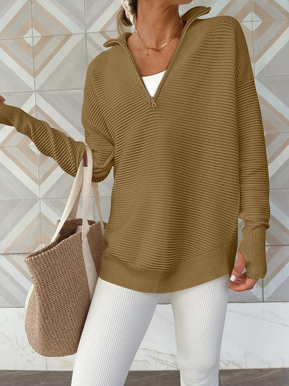 Half Zip Long Sleeve Knit Top-Angel Casuals