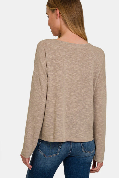 Zenana Dropped Shoulder Long Sleeve T-Shirt-Angel Casuals