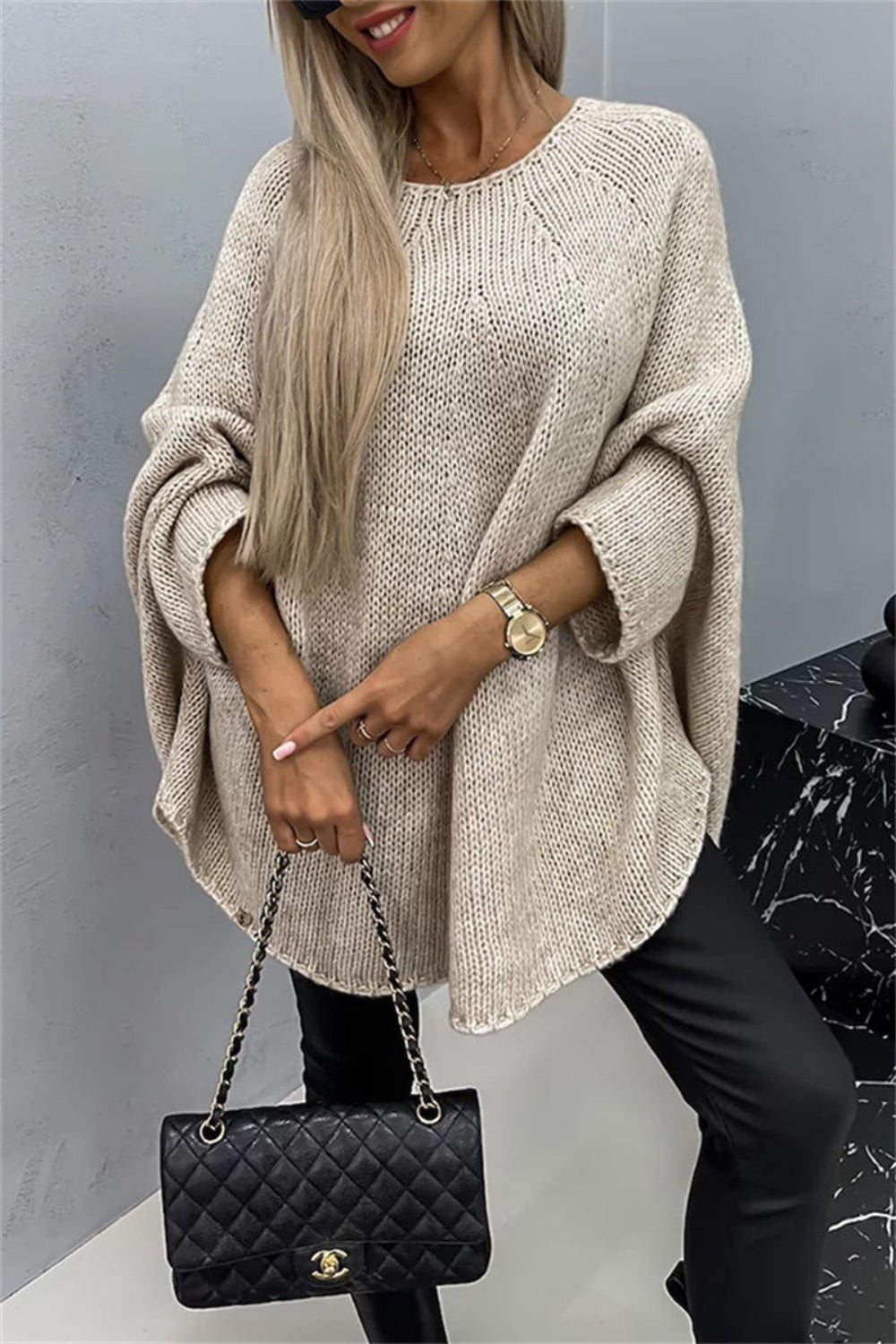 Round Neck Batwing Sleeve Sweater-Angel Casuals