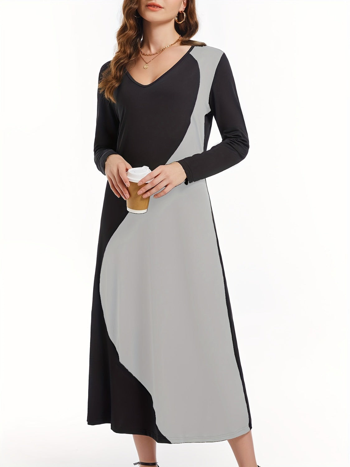 Contrast Long Sleeve Midi Dress-Angel Casuals