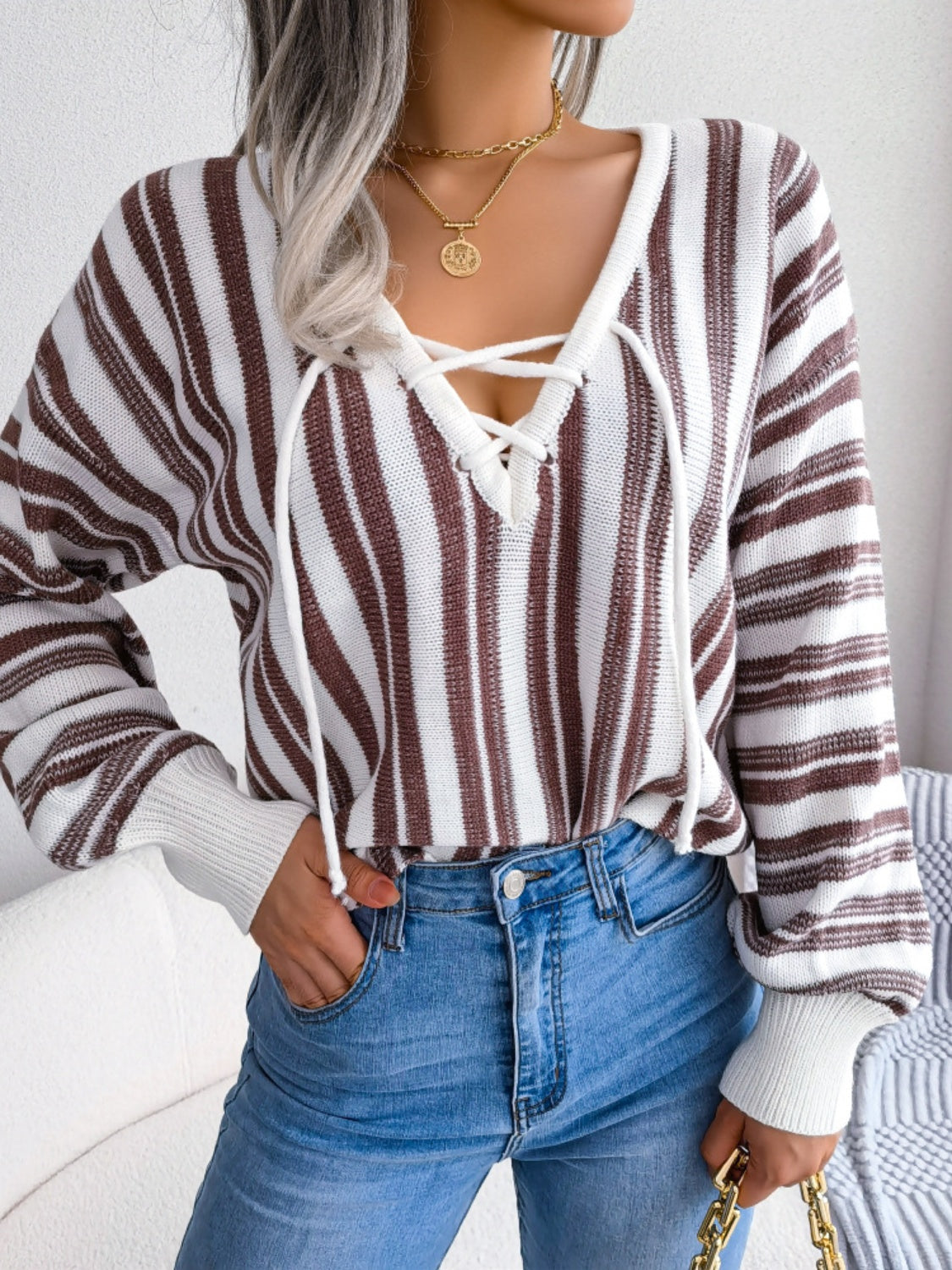 Striped Lace-Up Long Sleeve Sweater-Angel Casuals