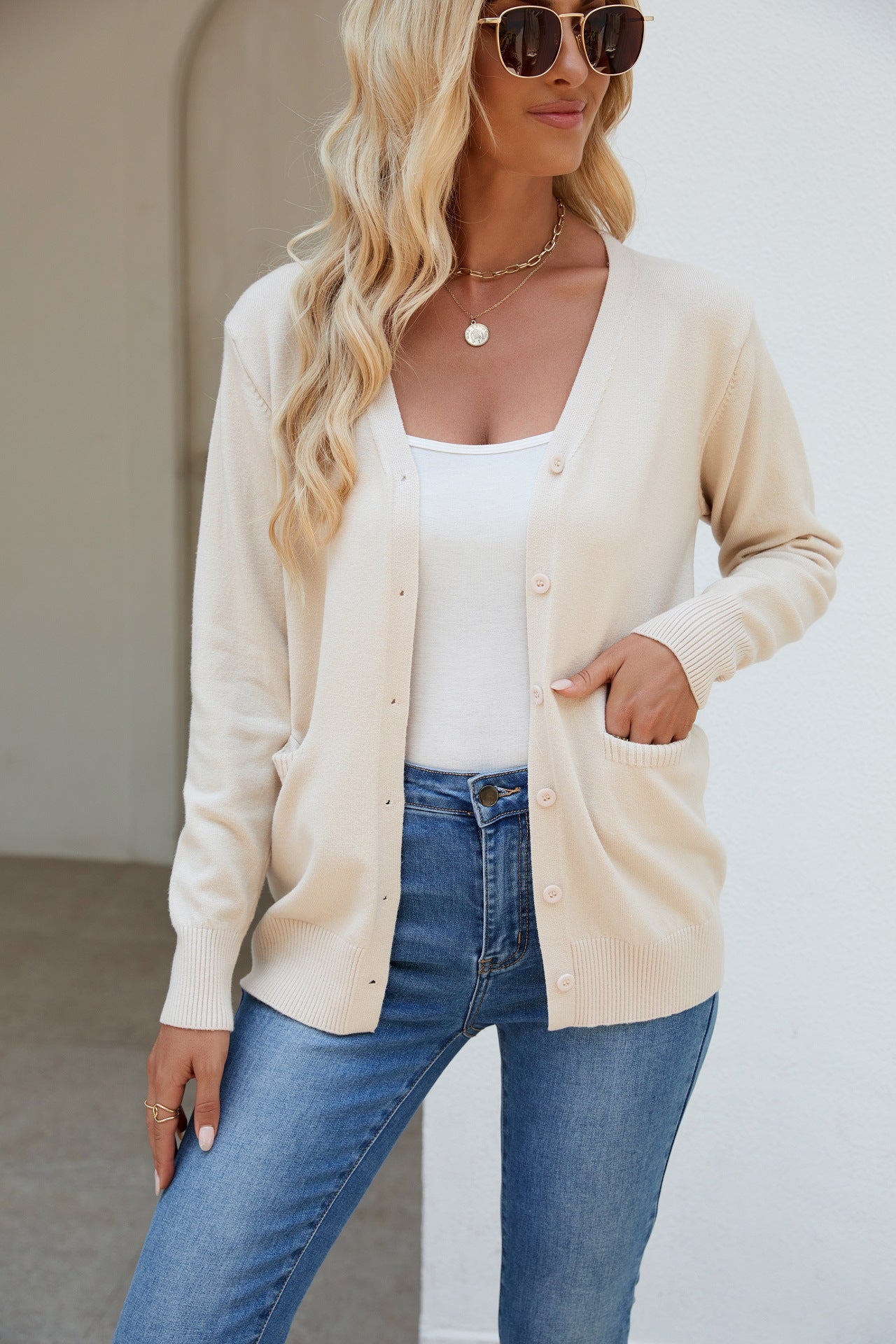 Pocketed V-Neck Button Up Long Sleeve Cardigan-Angel Casuals