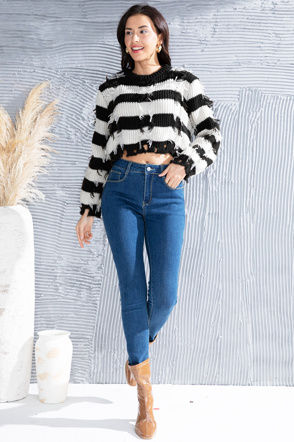 Striped Fringe Round Neck Sweater-Angel Casuals