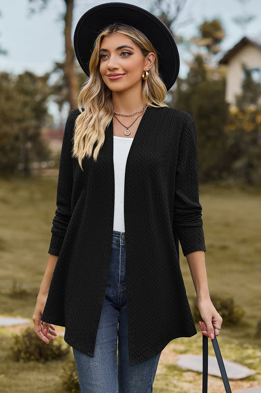 Textured Open Front Long Sleeve Cardigan-Angel Casuals