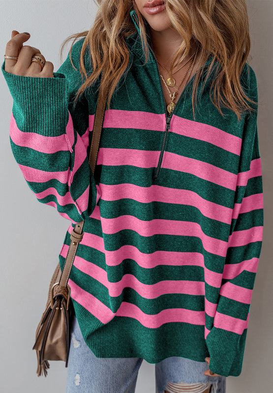 Contrast Striped Quarter Zip Long Sleeve Sweater-Angel Casuals