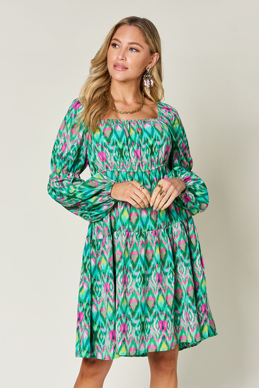 Double Take Full Size Printed Long Sleeve Dress-Angel Casuals