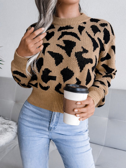 Leopard Round Neck Dropped Shoulder Sweater-Angel Casuals