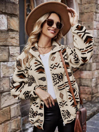Geometric Zip Up Long Sleeve Outerwear-Angel Casuals