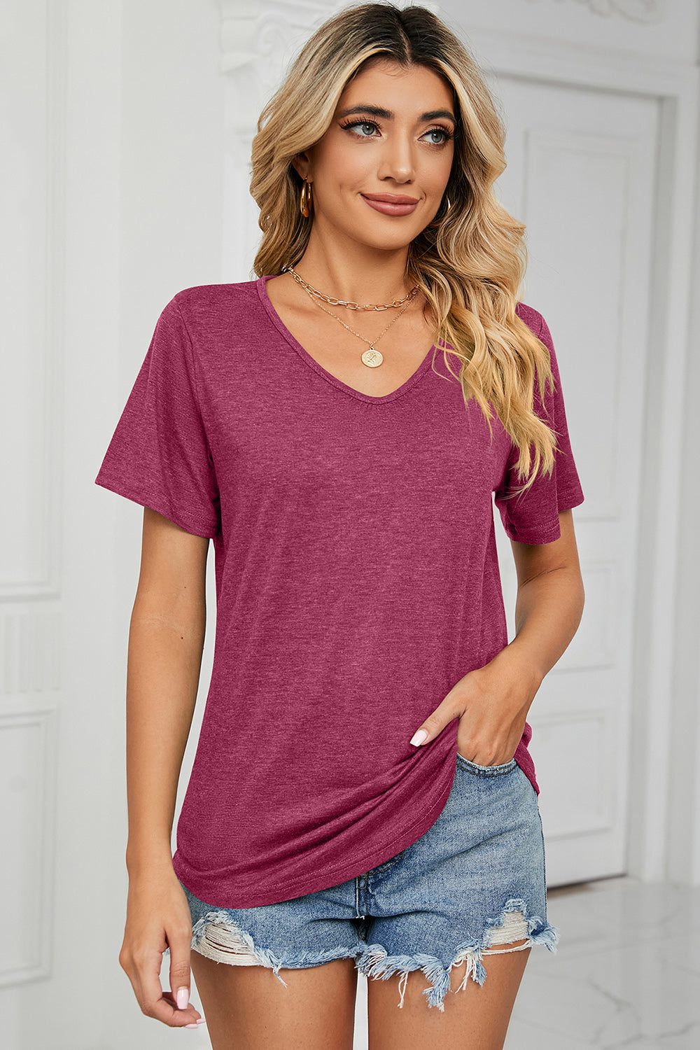 V-Neck Short Sleeve T-Shirt-Angel Casuals
