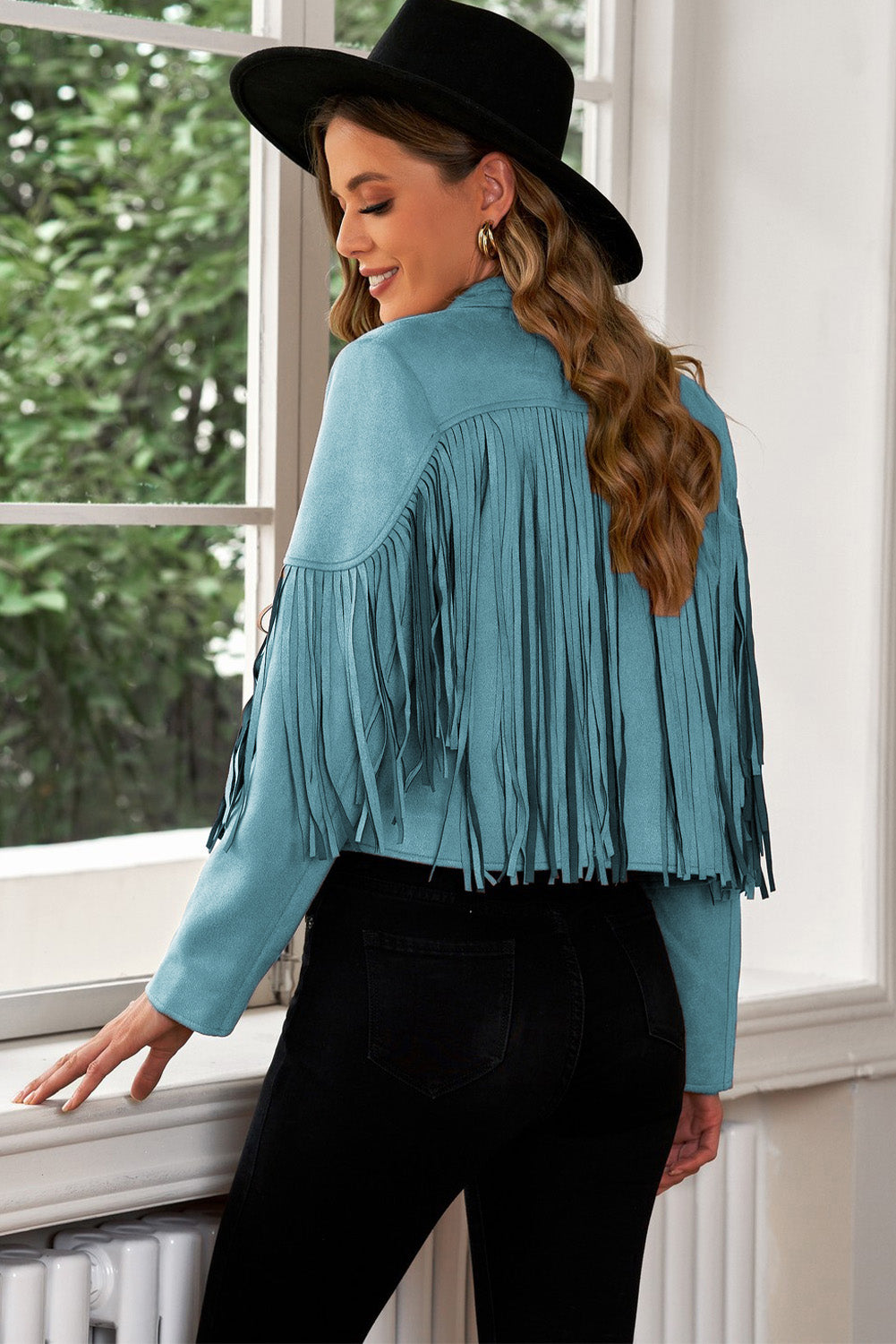 Fringe Trim Lapel Collar Cropped Blazer-Angel Casuals