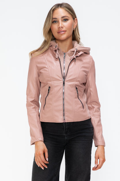 Snobbish Faux Leather Zip Up Drawstring Hooded Jacket-Angel Casuals