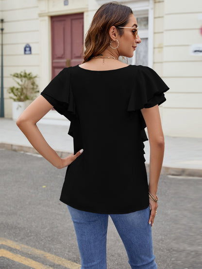 Ruffled V-Neck Short Sleeve Top-Angel Casuals