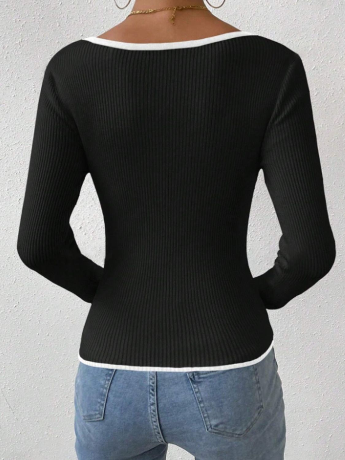 Contrast Trim Long Sleeve Knit Top-Angel Casuals