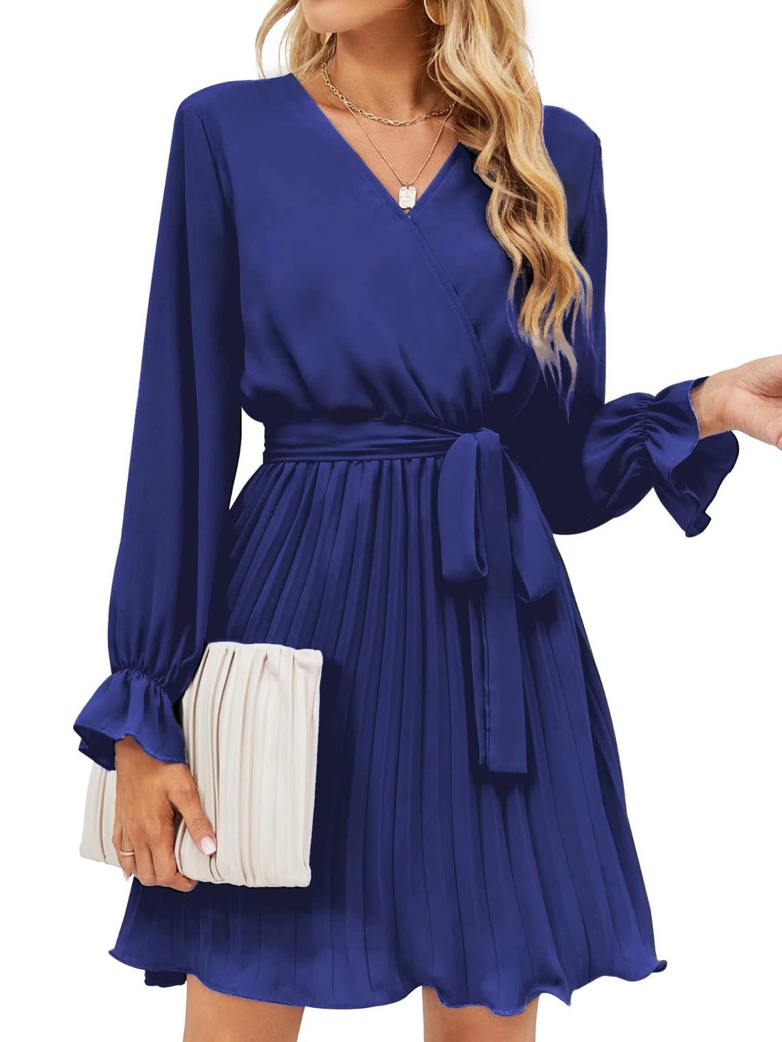 Surplice Flounce Sleeve Pleated Mini Dress-Angel Casuals