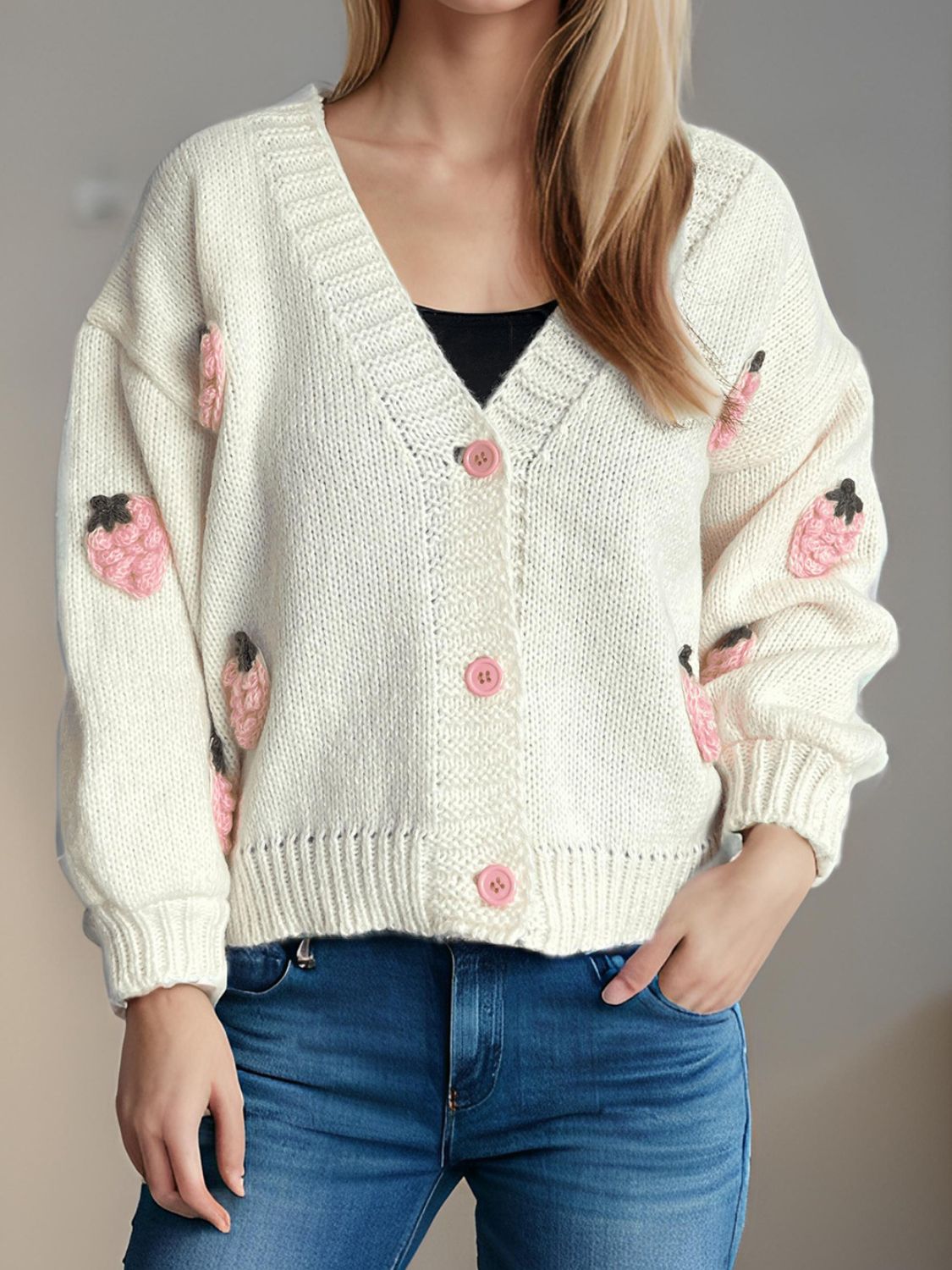 Crochet Strawberry V-Neck Long Sleeve Cardigan-Angel Casuals
