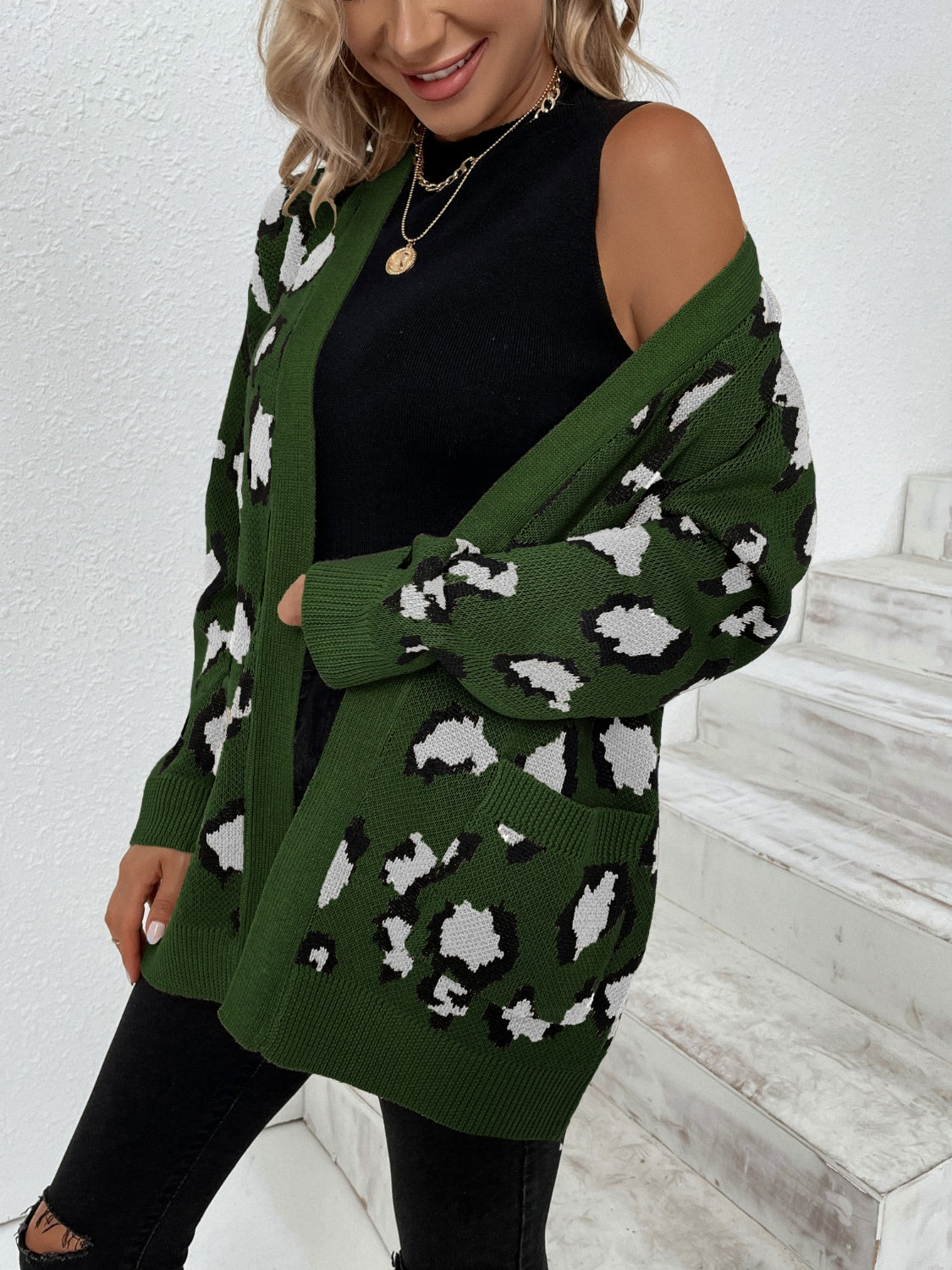 Leopard Open Front Dropped Shoulder Cardigan-Angel Casuals