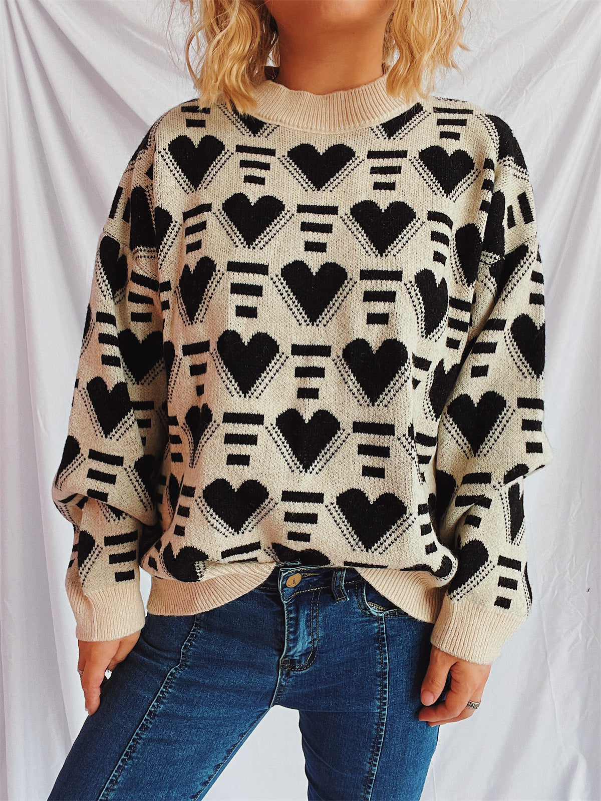 Heart Contrast Long Sleeve Dropped Shoulder Sweater-Angel Casuals