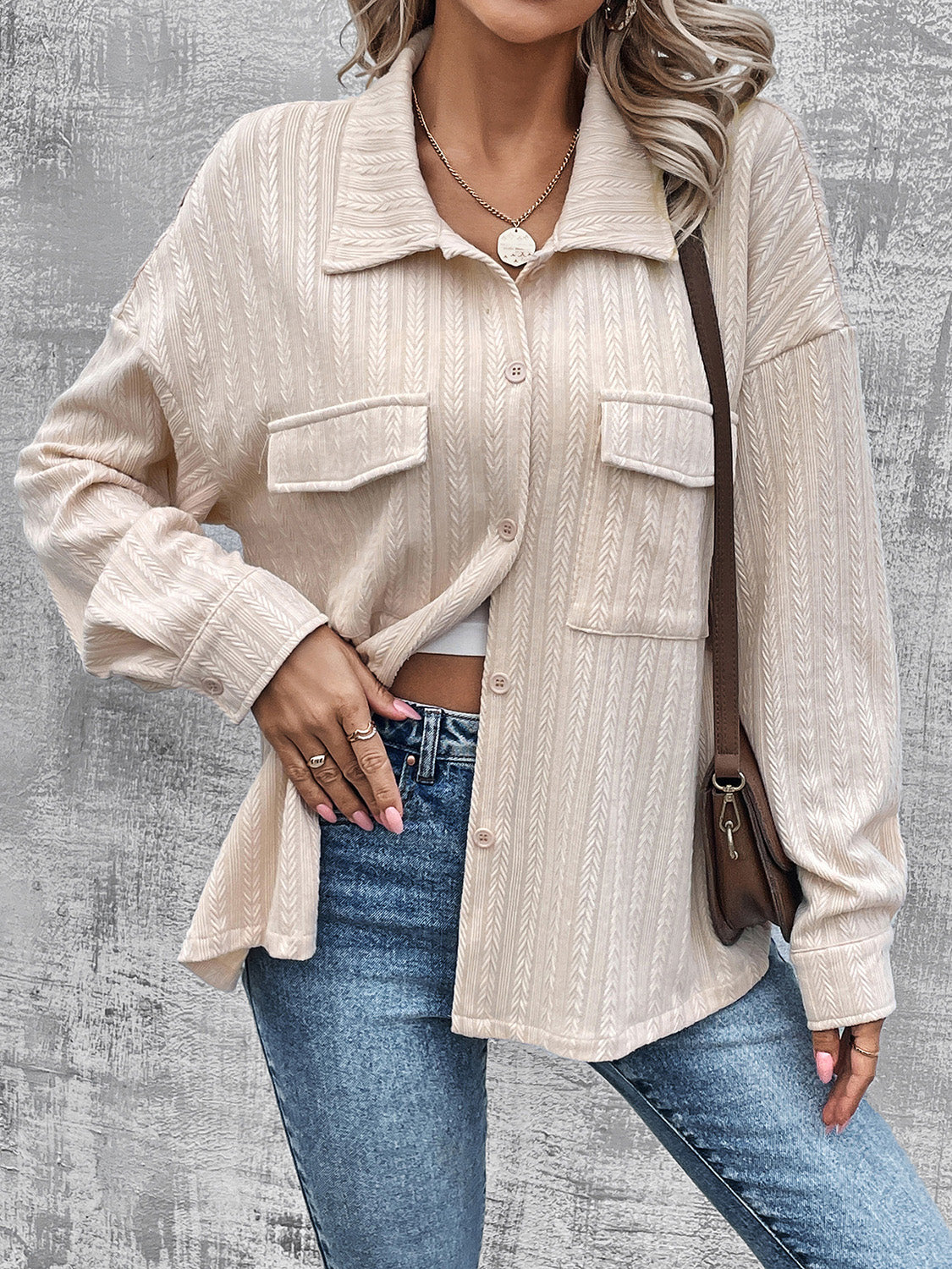 Pocketed Button Up Dropped Shoulder Jacket-Angel Casuals