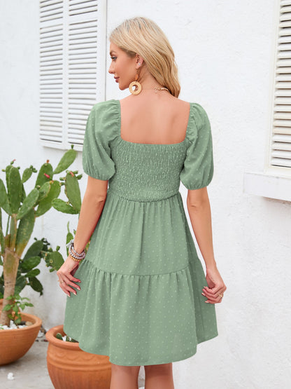 Swiss Dot Smocked Square Neck Dress-Angel Casuals