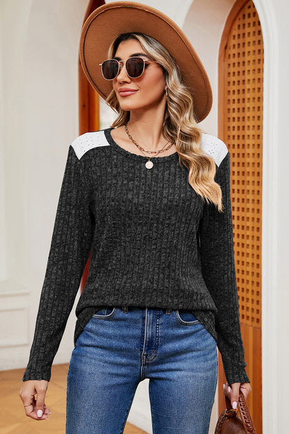 Eyelet Ribbed Round Neck Long Sleeve T-Shirt-Angel Casuals