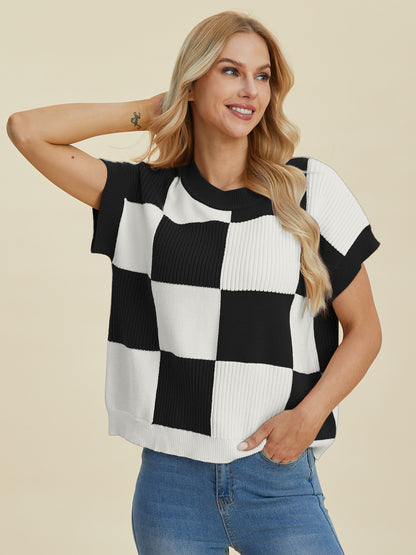 Double Take Full Size Checkered Round Neck Short Sleeve Sweater-Angel Casuals