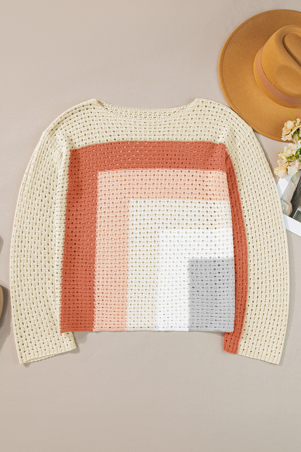 Openwork Color Block Long Sleeve Knit Top-Angel Casuals