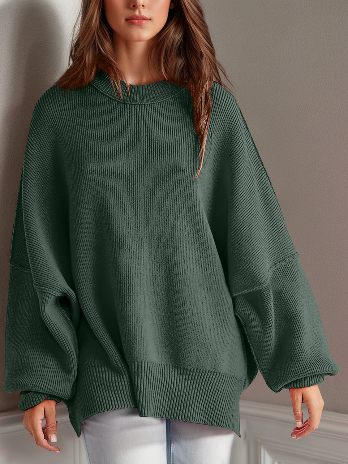 Double Take Side Slit Round Neck Long Sleeve Sweater-Angel Casuals