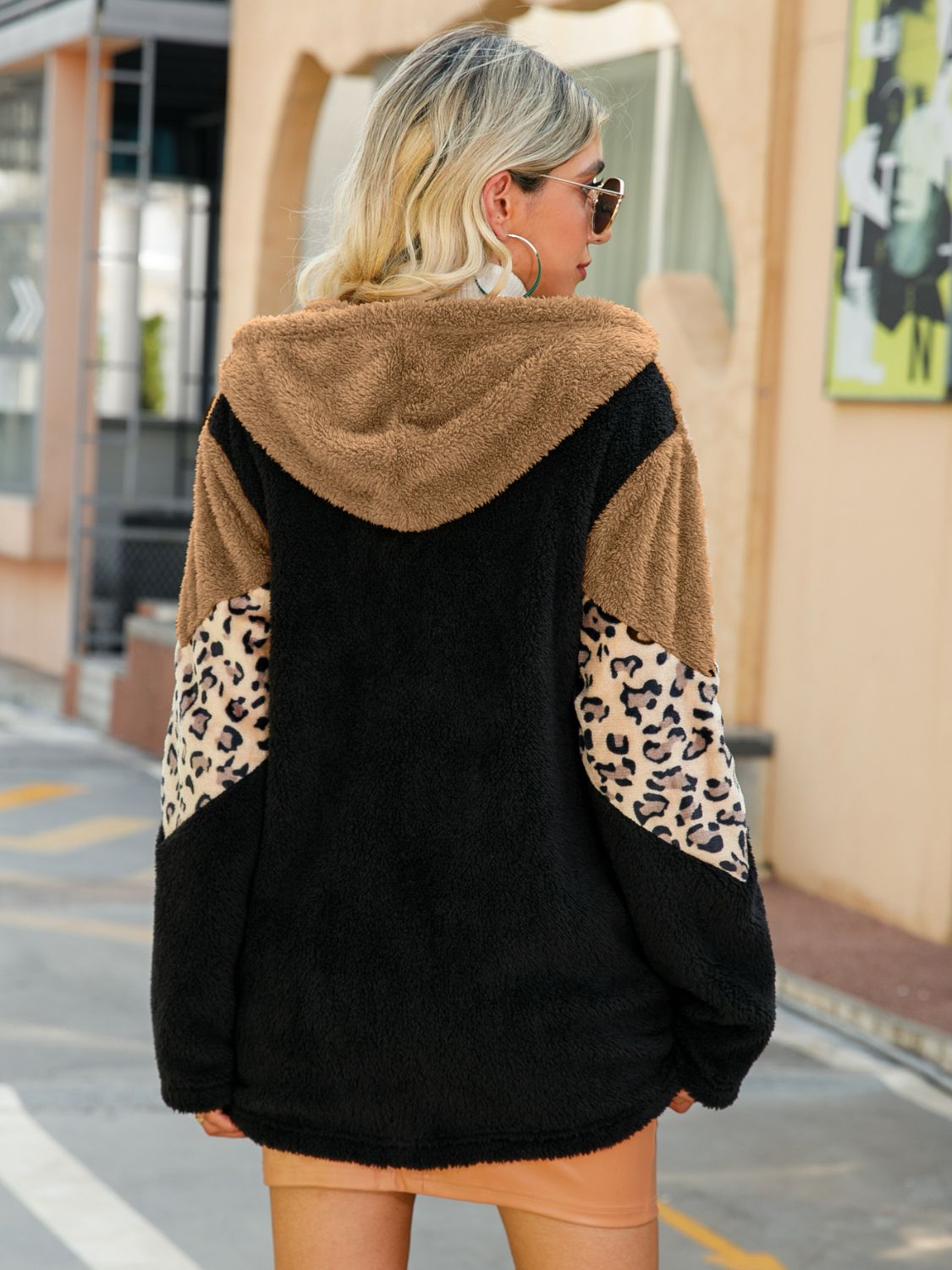 Leopard Color Block Hooded Teddy Jacket-Angel Casuals