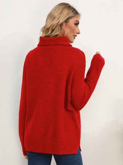 Slit Turtleneck Dropped Shoulder Sweater-Angel Casuals