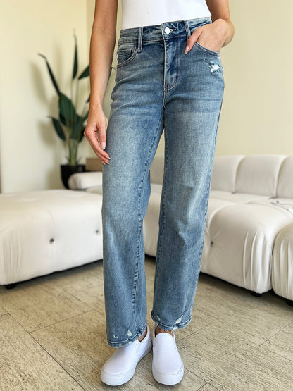 Judy Blue Full Size Mid Rise Distressed Straight Jeans-Angel Casuals