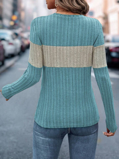 Color Block Round Neck Long Sleeve Top-Angel Casuals