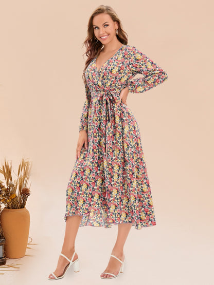 Full Size Printed Surplice Long Sleeve Dress-Angel Casuals