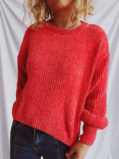 Round Neck Dropped Shoulder Long Sleeve Sweater-Angel Casuals