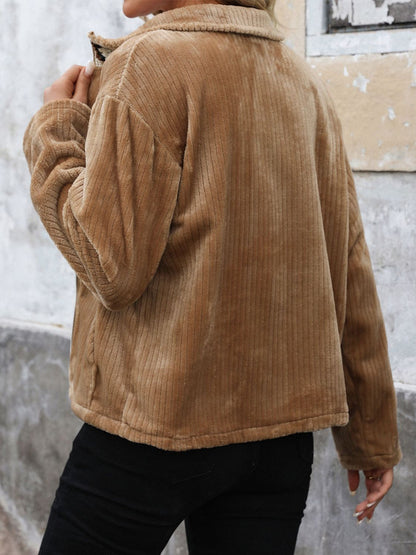 Perfee Pocketed Zip Up Collared Neck Long Sleeve Jacket-Angel Casuals