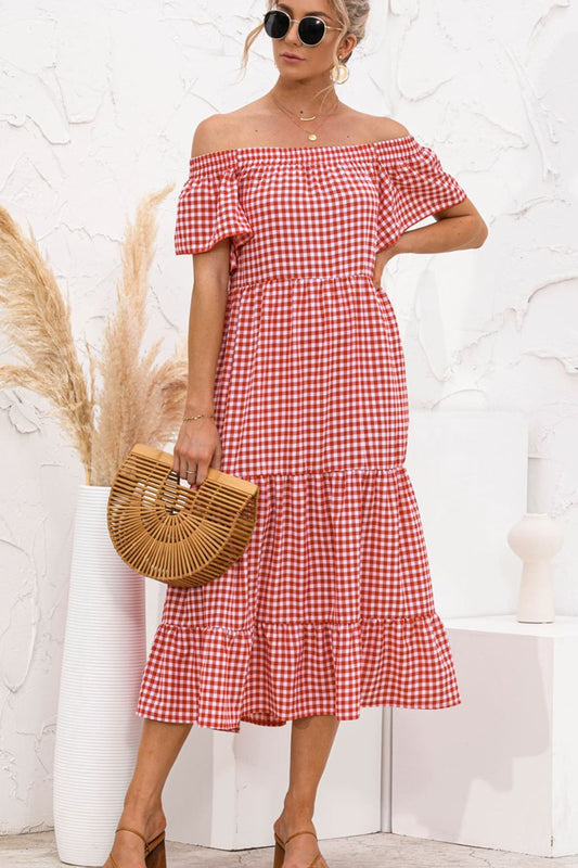 Plaid Off-Shoulder Tiered Midi Dress-Angel Casuals