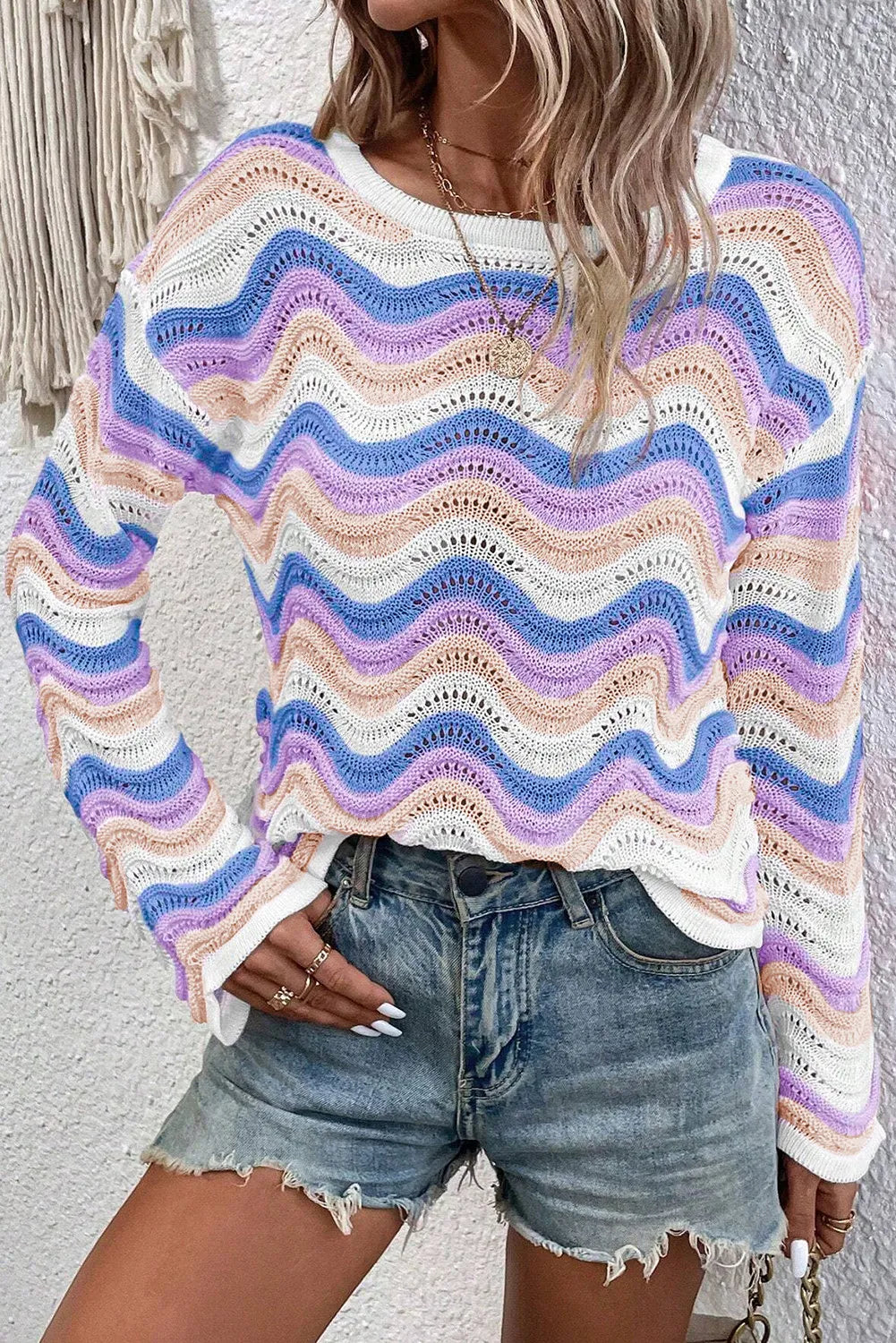 Contrast Wave Stripe Long Sleeve Sweater-Angel Casuals