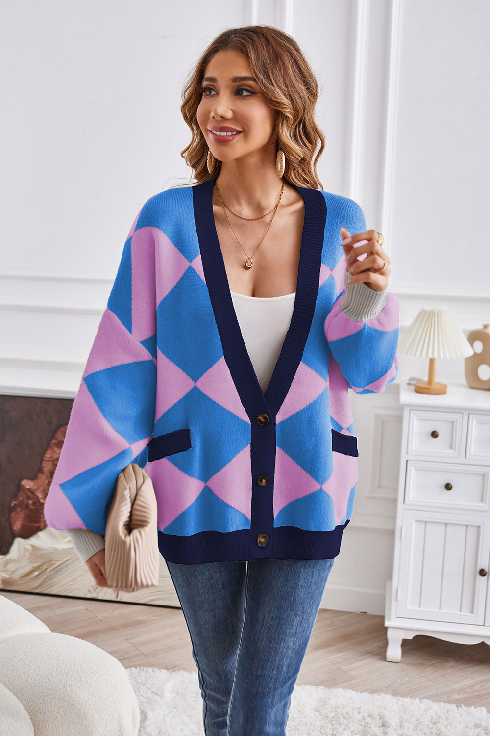 Geometric Lantern Sleeve Cardigan with Pockets-Angel Casuals