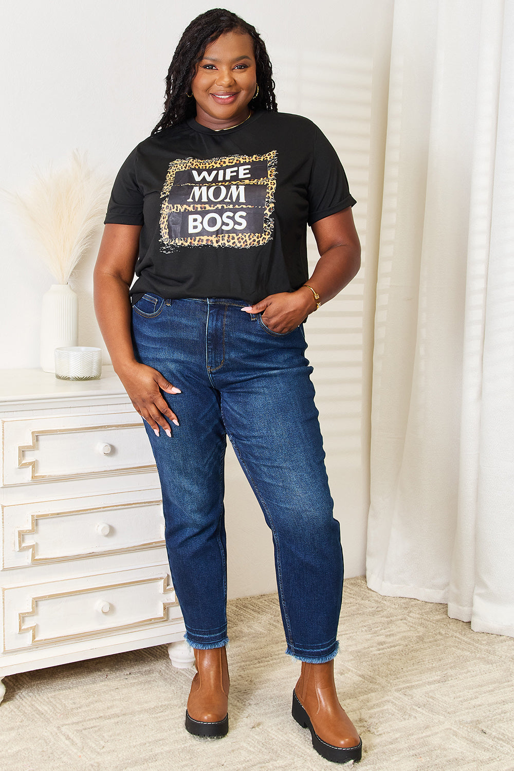 Simply Love WIFE MOM BOSS Leopard Graphic T-Shirt-Angel Casuals