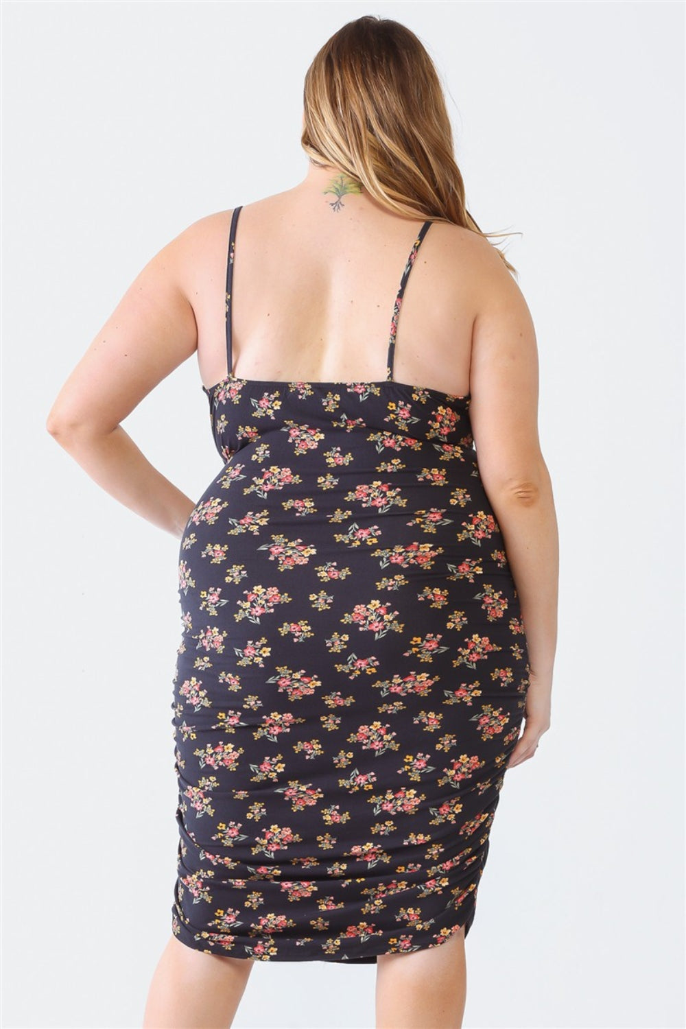 Blue Leopard Plus Size Ruched Floral Square Neck Cami Dress-Angel Casuals