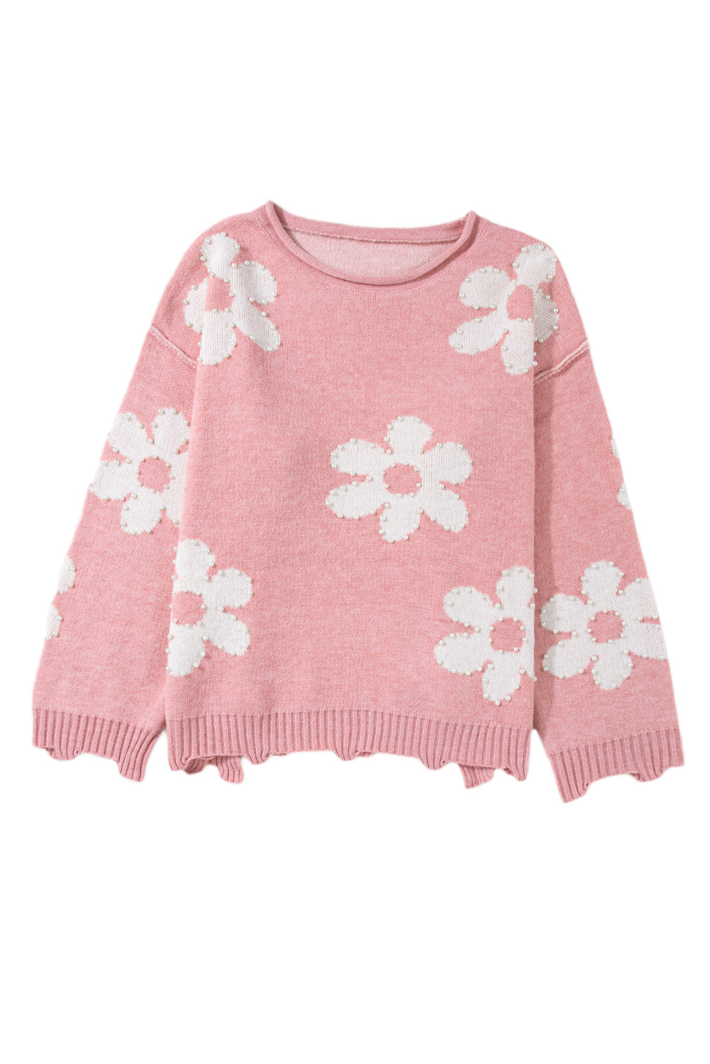 Pearl Trim Flower Round Neck Sweater-Angel Casuals