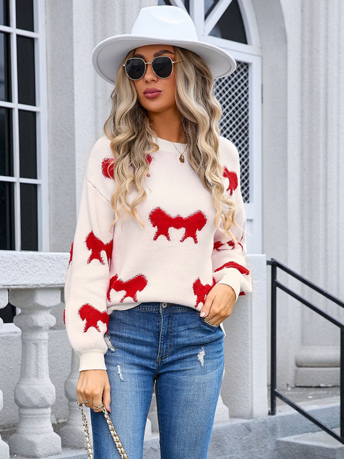 Angel Wings Bow Round Neck Dropped Shoulder Sweater-Angel Casuals