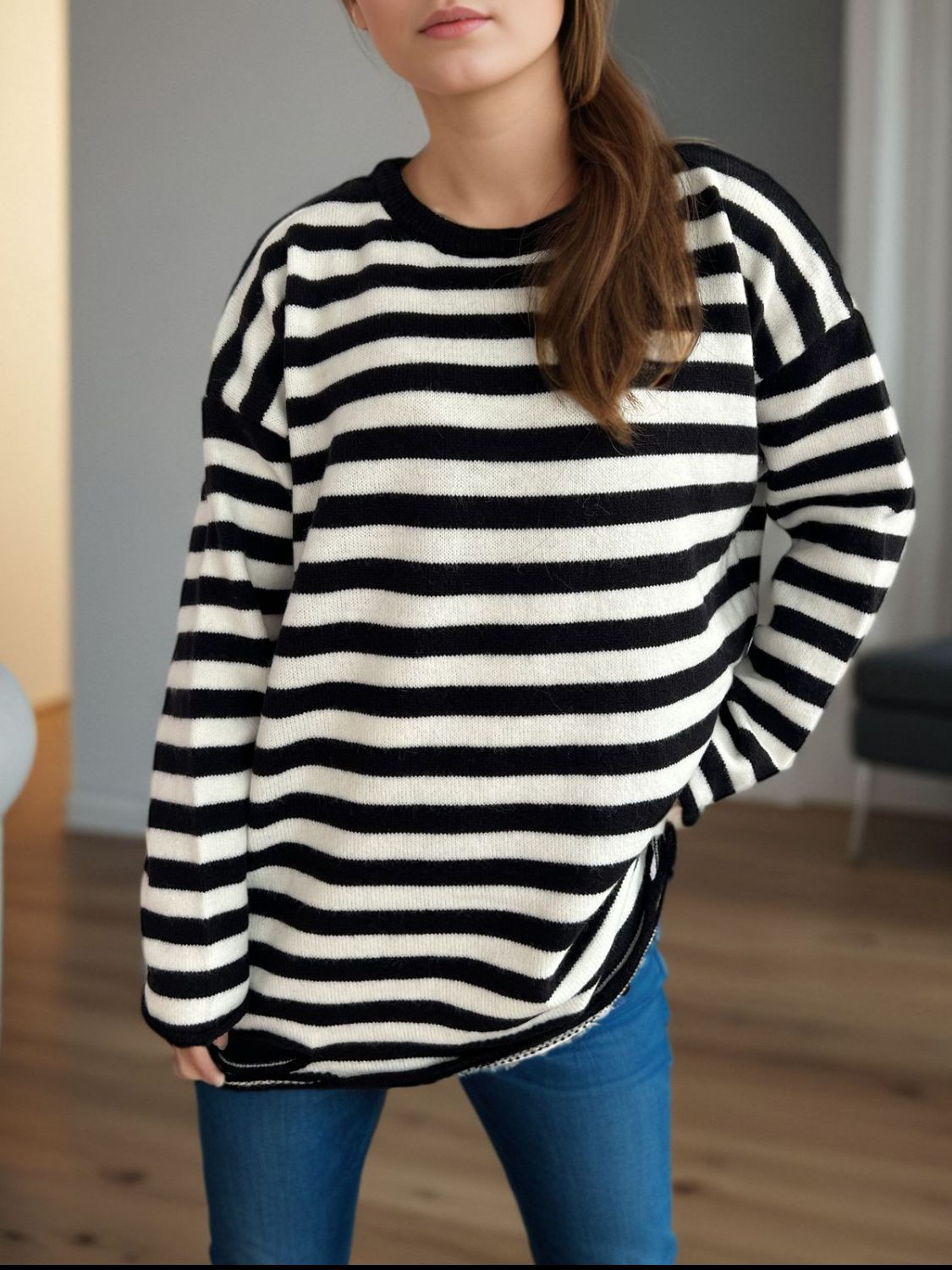 Distressed Striped Round Neck Long Sleeve Sweater-Angel Casuals