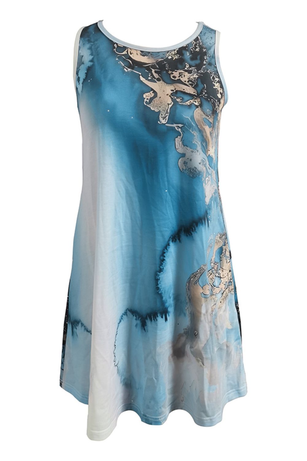 Abstract Print Round Neck Sleeveless Dress with Pockets-Angel Casuals