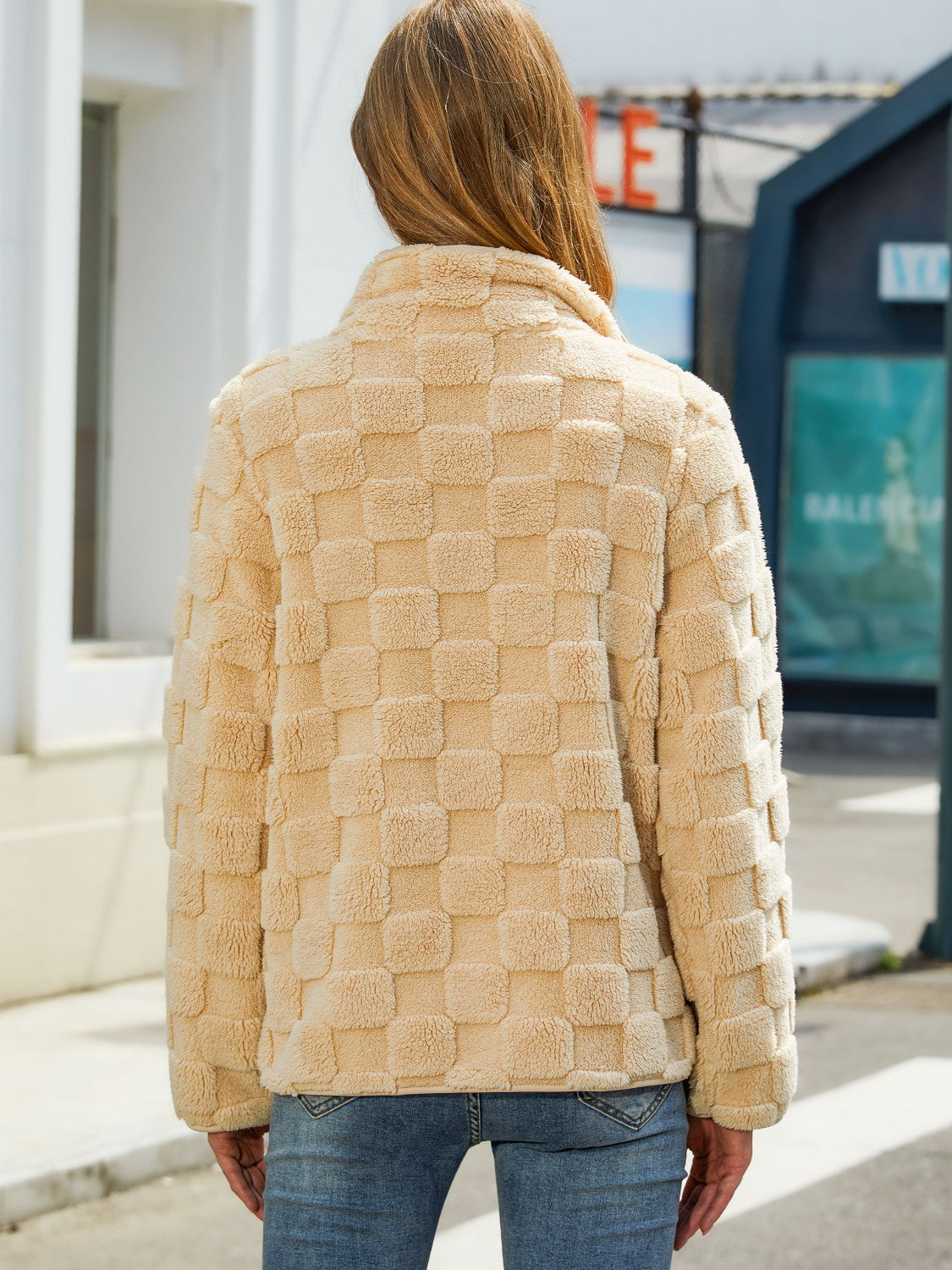 Fuzzy Checkered Zip Up Jacket-Angel Casuals