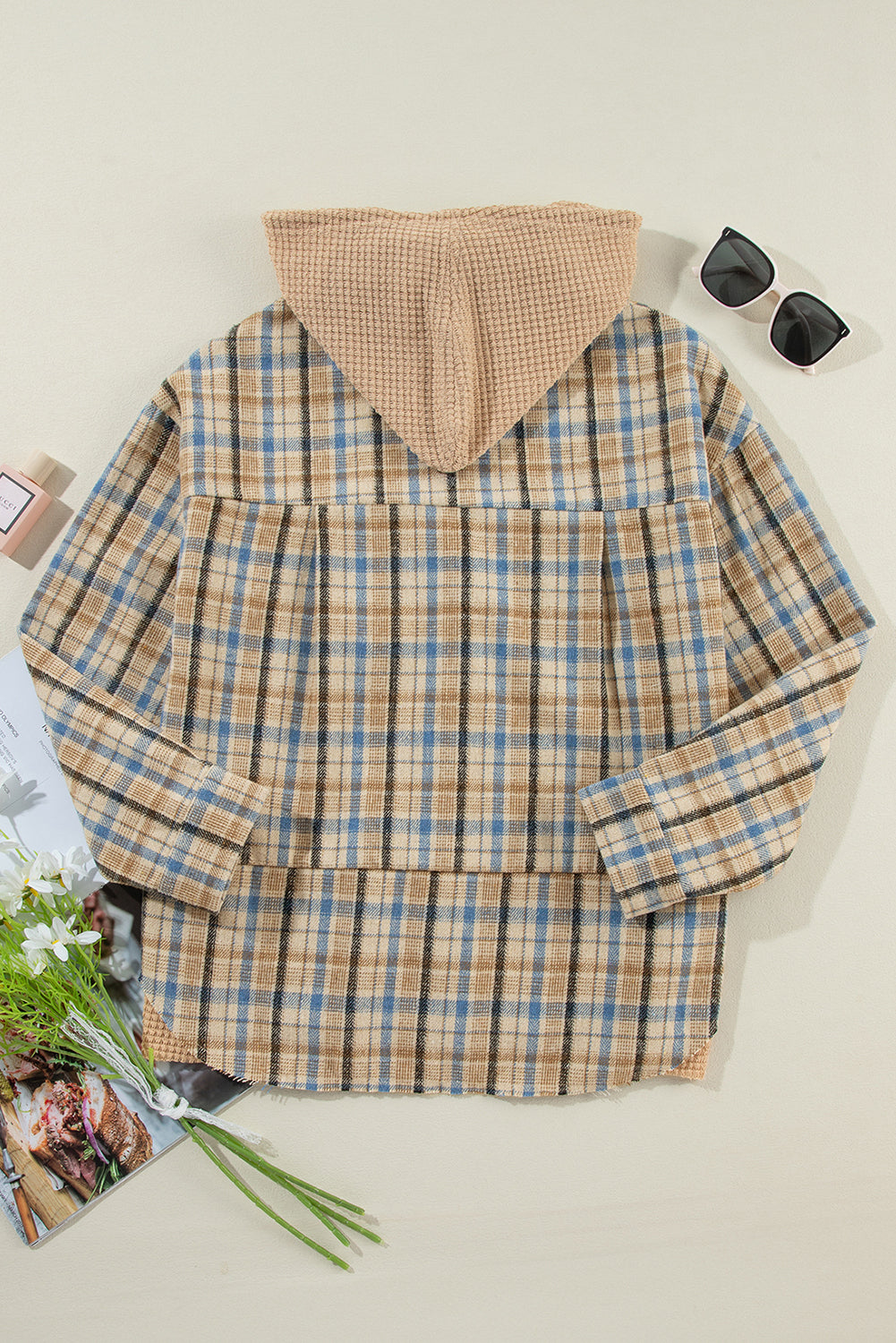 Drawstring Waffle Knit Patchwork Hooded Plaid Shacket-Angel Casuals