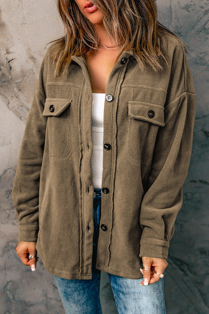 Button Up Collared Neck Long Sleeve Jacket-Angel Casuals