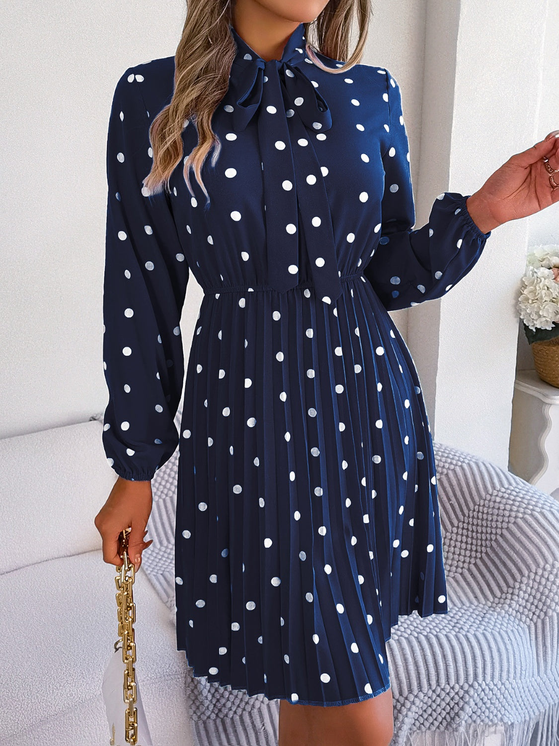 Polka Dot Tie Neck Pleated Dress-Angel Casuals