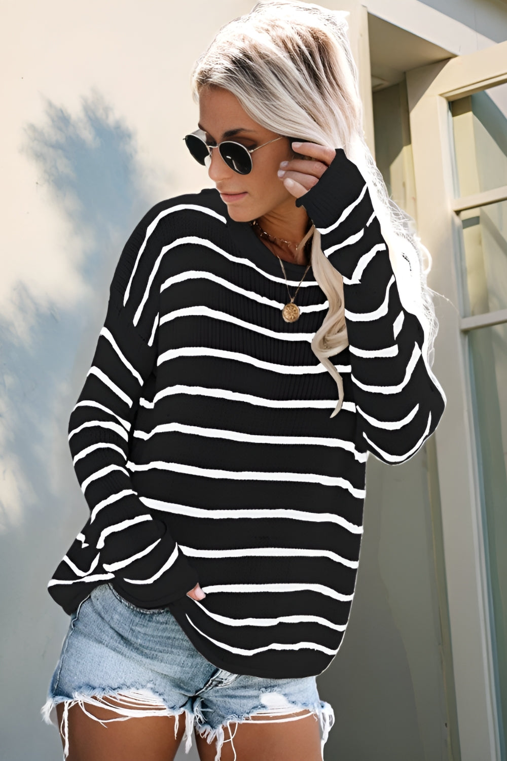 Striped Round Neck Drop Shoulder Sweater-Angel Casuals