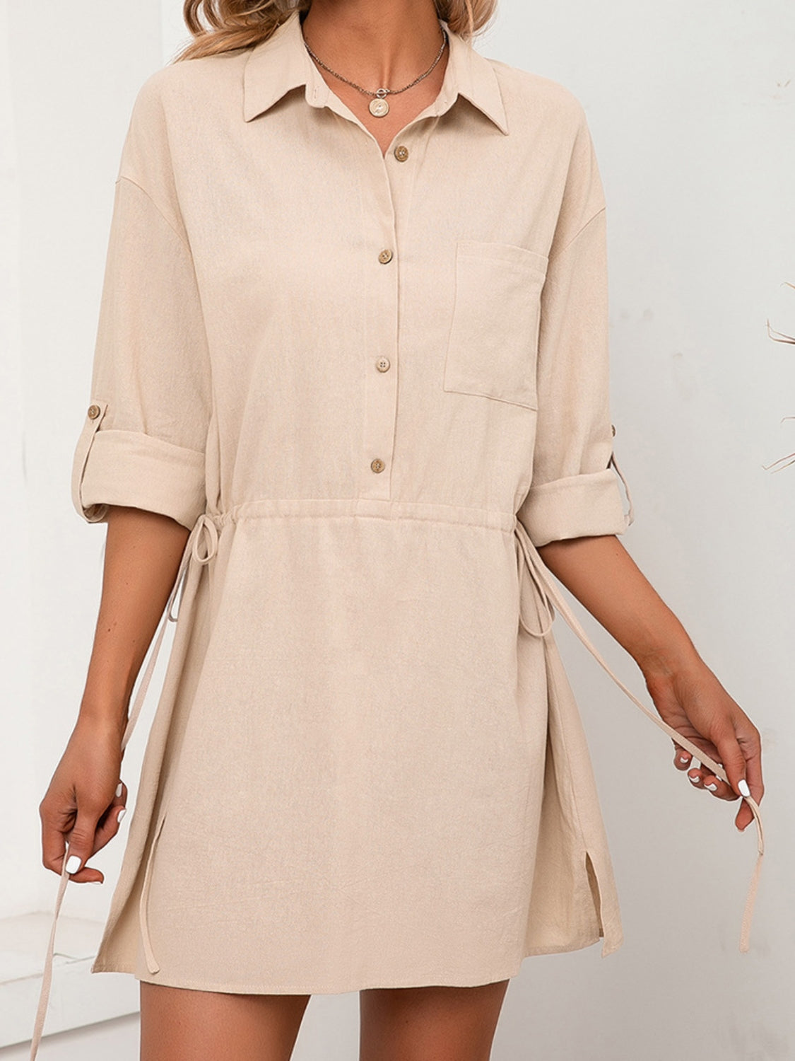 Drawstring Half Button Roll-Tab Sleeve Dress-Angel Casuals