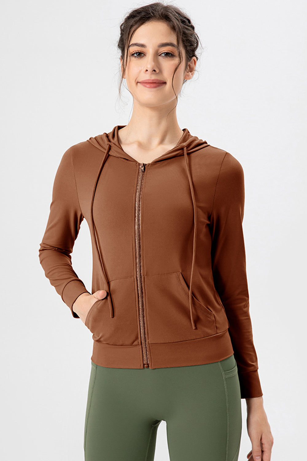 Drawstring Zip Up Hooded Active Outerwear-Angel Casuals